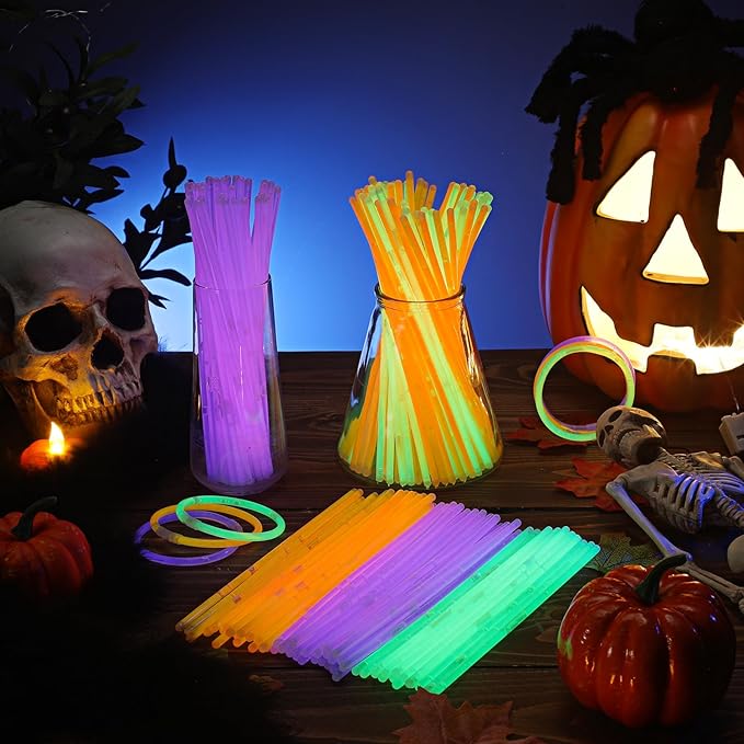 Hanaive 300 Pcs Glow Sticks Bulk 8 Inch Glow in The Dark Party Favors Neon Bracelets and Necklaces Light up Sticks with Connectors for Holiday Birthday Party Supplies(Orange, Green, Purple)