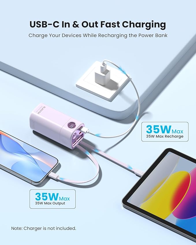 Portable Power Bank, 20,000mAh PD 35W Portable Charger Super Fast Charging with 2 Built-in Cables, USB-C Digital Display Battery Pack for iPhone Air 17/16/15/14/13, MacBook, S24/S25 Ultra