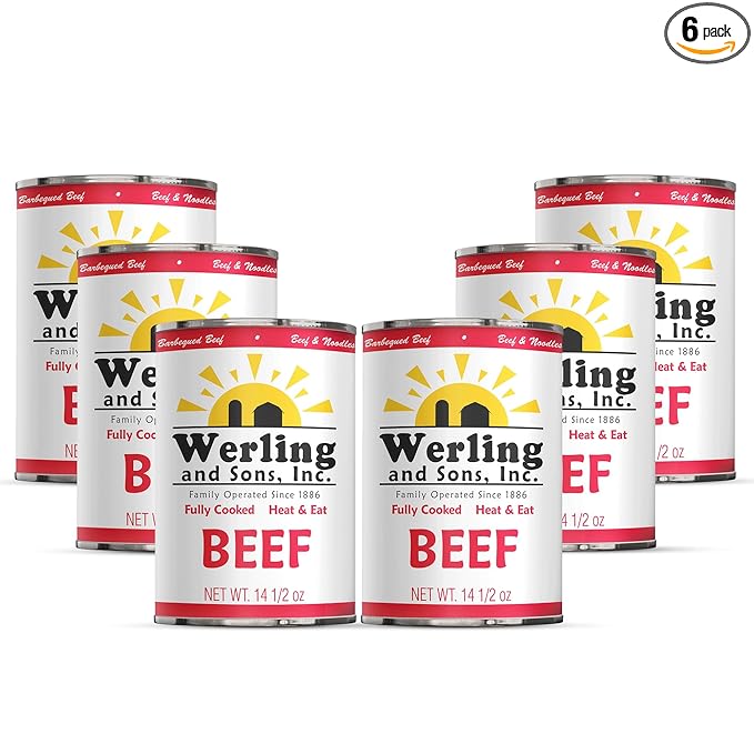 Werling Meat Canned Beef 14.5 Oz – Fully Cooked, Heat & Eat | Shelf Stable Canned Meat for Pantry Staples, Everyday Meals, Camping, Hiking, Emergency & Survival | 5-Year Shelf Life | Pack of 6