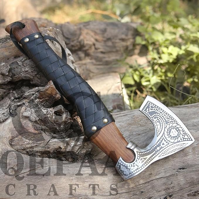 Qepaa Crafts®Russian Valknut Wood Viking Style Bearded Axe Tomahawk - Real Hatchet, Best Gift for Anniversary, Valentine's Day, Birthday,Leather Sheath with Leather Wrap Handle Perfect Hand Grip (SFL)