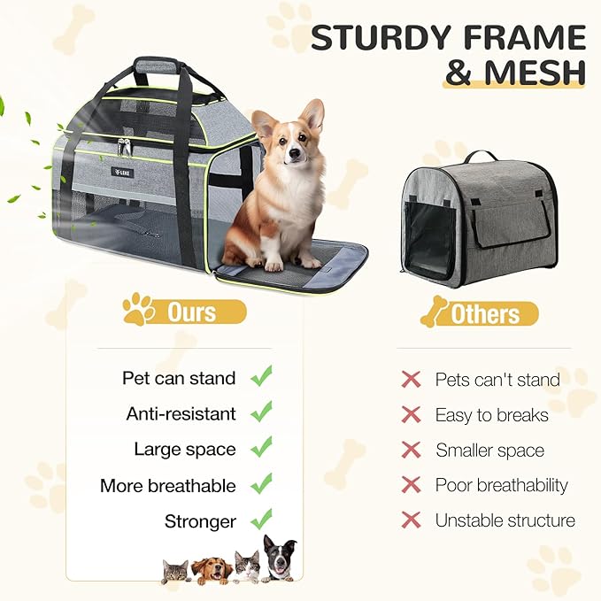 Lekereise Top-Expandable Pet Carrier - TSA Airline Approved Soft Sided Underseat Up to 12lbs Travel Carriers for Small Cats and Dogs with Locking Safety Zippers Anti-Scratch Mesh Gray