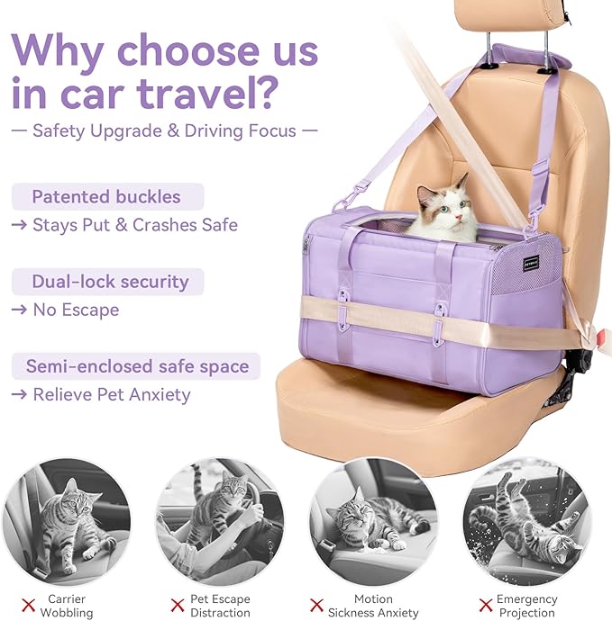 PETSFIT Cat Car Carrier for Medium Cats Dogs, 19"x12"x12" TSA Approved Pet Carrier, with Patent Safety Buckles and Escape-Proof Zipper - Safeguarding Car Travel, Vet Visit, Outdoor
