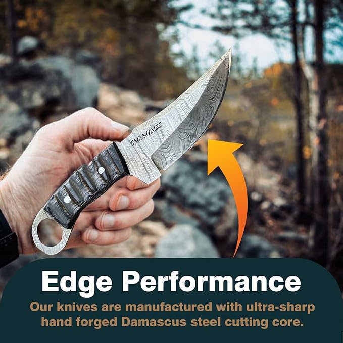 Bushcraft Survival Knife12T27 Damascus Steel Fixed Blade outdoor - Pakka Wood Handle - Pancake Leather Sheath - Traditional Field Knife for Camping , Fishing, Hunting , Men & Women - EDC Knife to Carry on Belt- (BLACK)