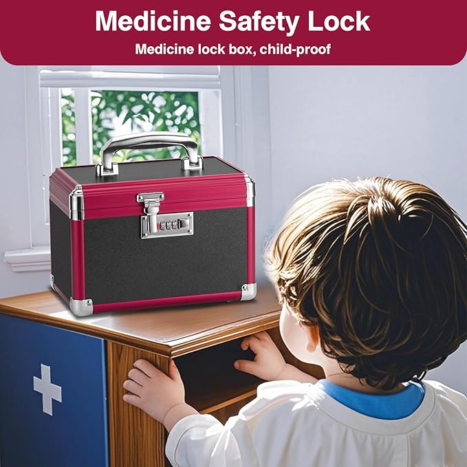 Medicine Lock Box with Combination Lock - 10 x 6 x 6.7 Inches - First Aid Safe Medication Storage Box, Medications and Personal Items, Safe Boxes for Home and Outdoor - Black Red 【No strap】