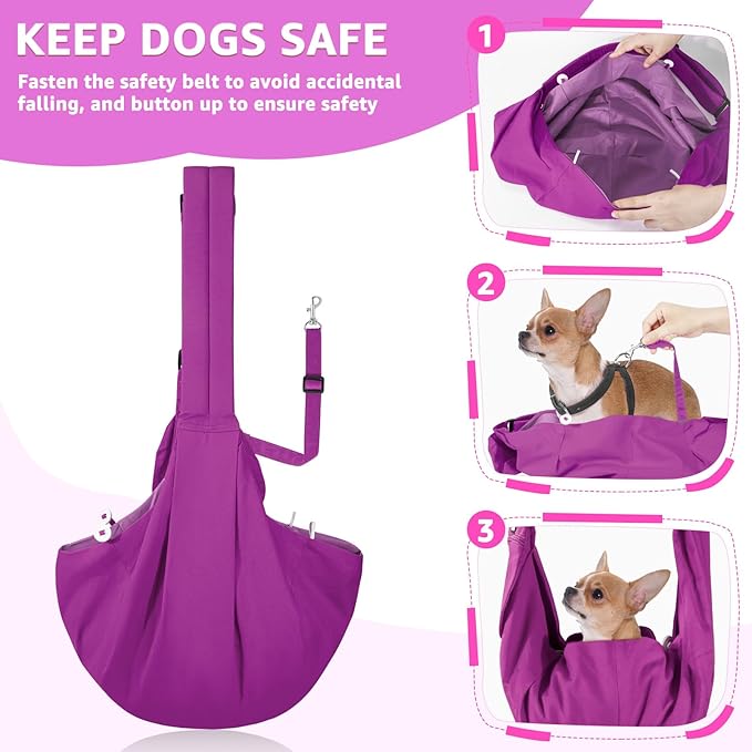 SlowTon Dog Carrier Sling - Thick Padded Shoulder Strap Adjustable Dog Carriers for Small Dogs, Puppy Carrier Purse for Pet Cat with Front Zipper Pocket Safety Belt Machine Washable (Purple S)
