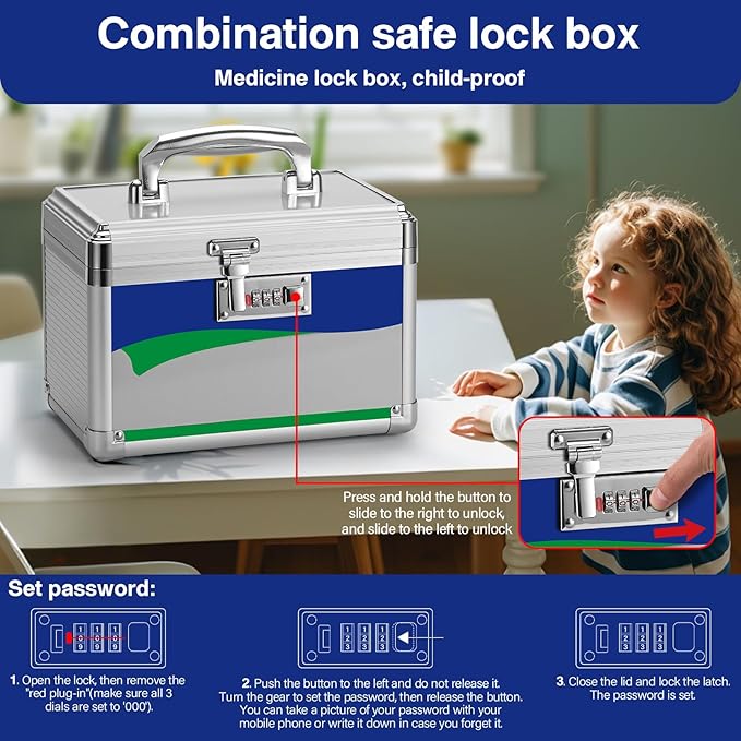 Medicine Storage Box with Code, Empty First Aid Box with Size 10 * 6 * 6.7”, Safe Medication Storage Organizer for Home, Outdoor, Dorm- Silver