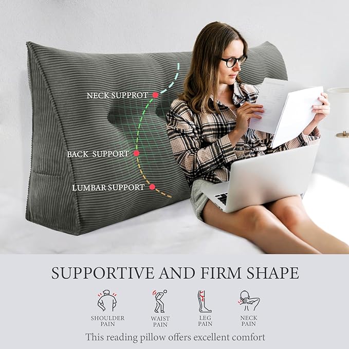 10 lbs Thickened Wedge Pillow Headboard Body Positioner Triangular Reading Pillow Bed Bolster Pillow for Sitting in Bedwith Removable Cover Gift for Mom Backrest Cordury Gray Full