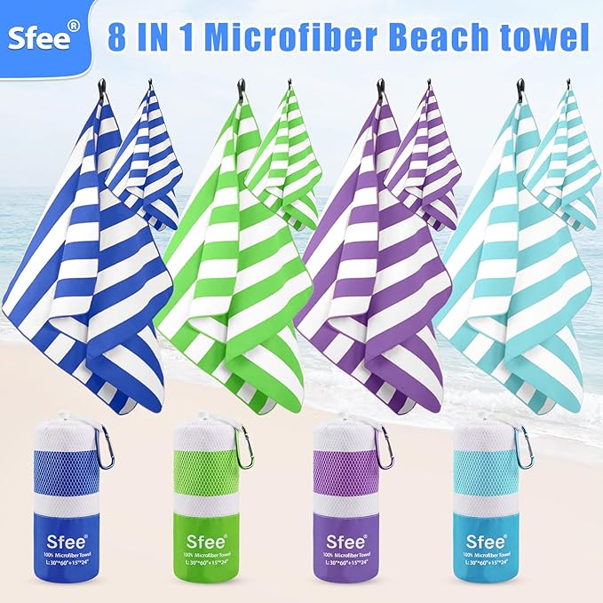 Sfee 4 Pack(8Pcs) Microfiber Travel Towel, Beach Towel Quick Dry Towel Camping Towel Super Absorbent Compact Lightweight Sports Towel Gym Towel Set for Beach, Gym, Hiking, Pool, Backpacking, Yoga