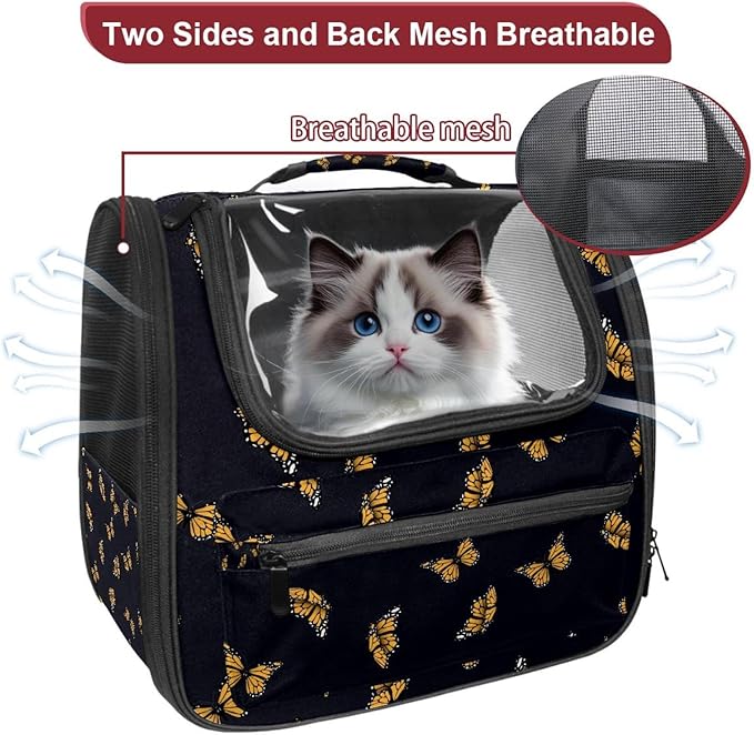 Butterfly on Black Background Transparent Pet Carrier for Travel Hiking for Kitty Small Dog