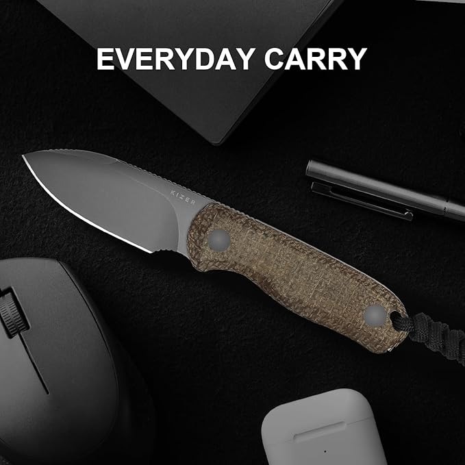 Kizer Drop Bear Fixed Blade Knife, 2.57" Gray Stonewash 14C28N Blade EDC Camping Knife with Brown Burlap Micarta Handle & Hidden Tools, Full Tang Hunting Knives with Adjustable Kydex Sheath, 1094A1