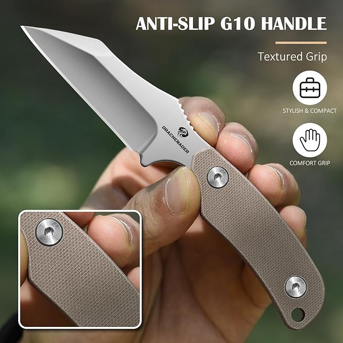 X-WH EDC Horizontal Carry Neck Knife wtih Clip Fixed Blade Knife with Kydex Sheath, D2 Steel Blade Full Tang small Wharncliffe Knife G10 Handle, (Khaki)