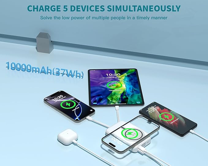 Magnetic Portable Charger Bank Built-in Cables,10000mAh USBC Power Bank 22.5W MAX Battery Pack Magnet Charger Protable Powerbank Fast Charging for Apple iPhone 17/16/15/14/13/12 Series,Samsung S25/S24