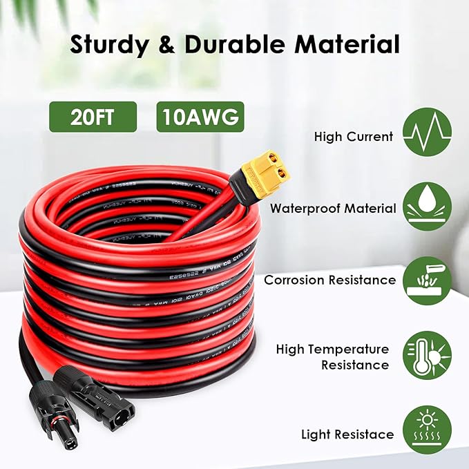 Solar to XT60 Extension Cable 10AWG 20FT Solar Connector to XT60 Adapter Cable for Solar Panel to Portable Power Station Solar Generator Battery Pack