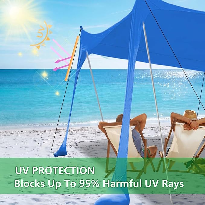 Beach Tent, Beach Canopy UPF50+, Beach Shade 11x11 FT with Sandbags, Beach Tent Sun Shelter for Beach Camping Trips, Fishing, Backyard Fun or Picnics