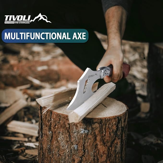 TIVOLI 8.86" Camping Axe, Survival Hatchet with Hex Wrench Slots, High Carbon Steel Blade Outdoor Bushcraft Axe with Nylon Sheath, Ergonomic Wood Grip Camping Gear for Hiking, Chopping, Hunting