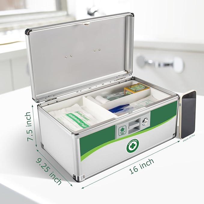 Medicine Lock Box, First Aid Safe Medication Storage Box, Aluminum Daily Medicine Lockable Box with Key 15.9 x 9.25 x 7.48 Inch (Extra Large)