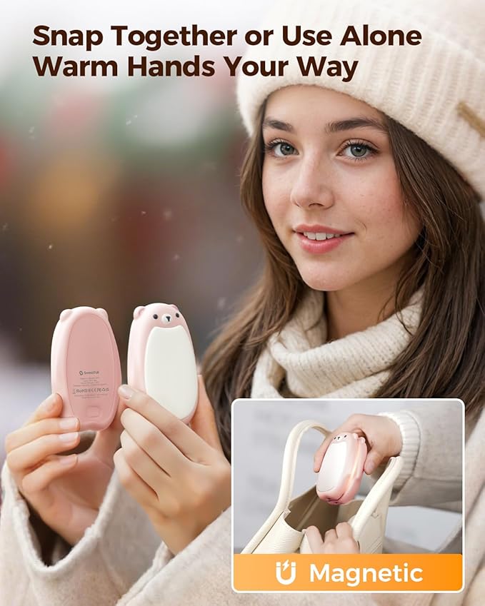SWEETFULL Hand Warmers Rechargeable ??Cute Bear, 2 Pack Magnetic Hot Hands, Reusable Electric Pocket Heater, Great Gift for Daughter, Kids, Wife, or Bestie, Portable for Outdoor & Camping