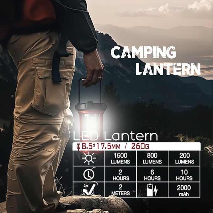 Rechargeable Camping Lanterns, 1500LM Camping Light with Phone Charger Compact Flashlights Torch, Portable Waterproof Hurricane Lanterns for Emergency, Outdoor, Power Outage