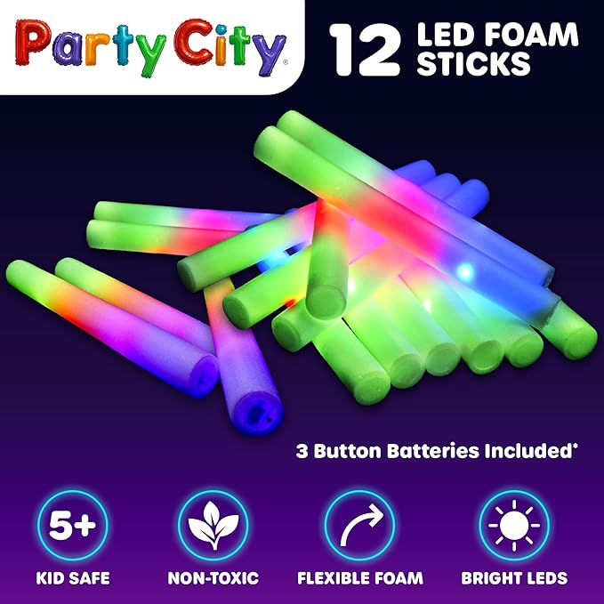 Party City 12pk LED Foam Glow Sticks 14?? Glow in the Dark Party Supplies Favors, Colorful Flashing Wand with 3 Modes, Foam Light Up Sticks Bulk Party Pack for Wedding, Birthday, Concert, Halloween