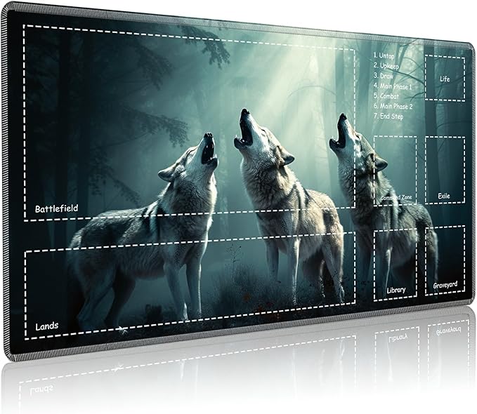 Playmat for MTG with Zones, 24 x 14 inches Game Play Mat for MTG TCG, Trading Card Game Play Mat Desk Mats with Stitched Edges Non-Slip Base, Three Wolfs