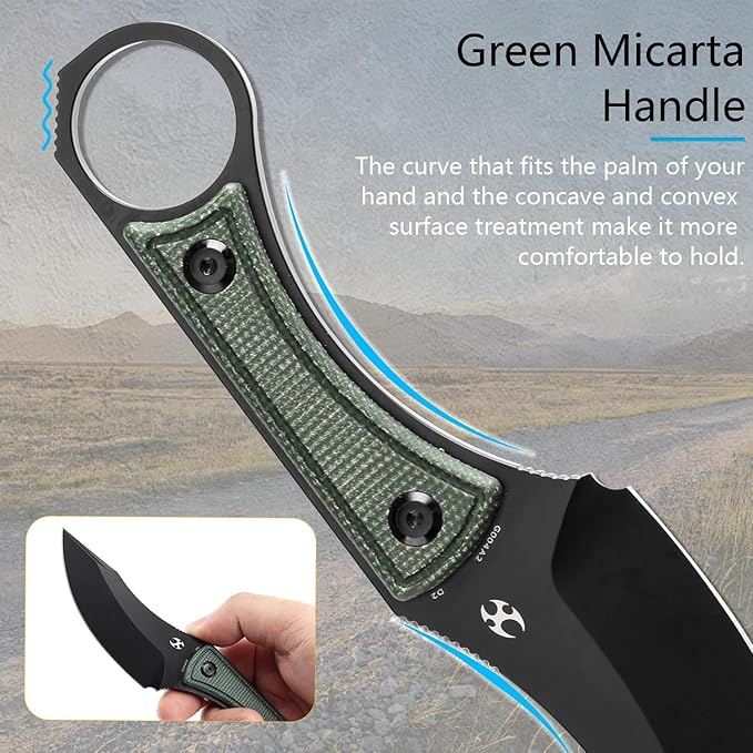 KANSEPT Niko Fixed blade Knife with Sheath, 3.54'' Black TiCn Coated D2 Blade and Green Micarta with Frag Pattern Handle, Adjustable Kydex Sheath for EDC,Fixed Knifes for Camping Hiking Fishing G004A2
