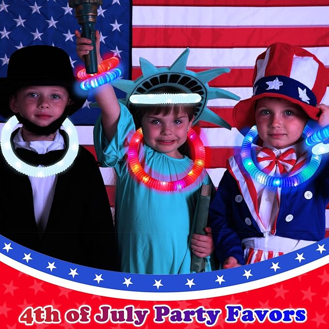 Red White Blue Glow Sticks 12 PCS, American Usa Flag Accessories Light up Bracelets Necklaces for Kids, Patriotic Decorations Party Favors Supplies Stuff Parade Camping Glow Toys Gifts for Toddlers