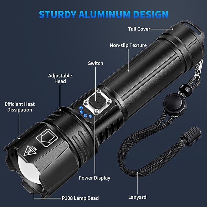 Rechargeable Flashlights High Lumens, 99000 Lumen Super Bright Led Flashlight with 5 Modes & 12H Long Runtime, Powerful Handheld Flash Light for Home Camping, IPX7 Waterproof 2Pack Flashlights