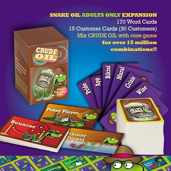 SNAKE OIL - The Silly Selling Party Game - Funny Group 3-10 Player Card Games - Fun Travel Activity - for Adults - Uncensored - Crude Oil Expansion for Ages 17+