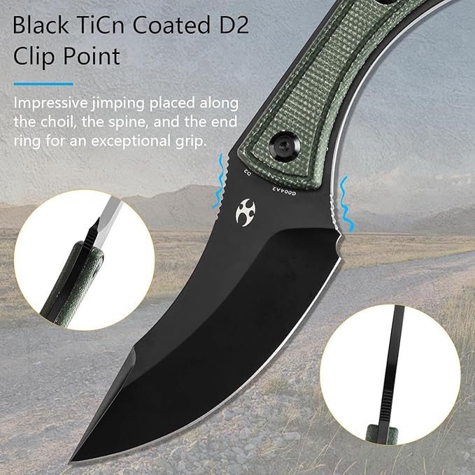 KANSEPT Niko Fixed blade Knife with Sheath, 3.54'' Black TiCn Coated D2 Blade and Green Micarta with Frag Pattern Handle, Adjustable Kydex Sheath for EDC,Fixed Knifes for Camping Hiking Fishing G004A2