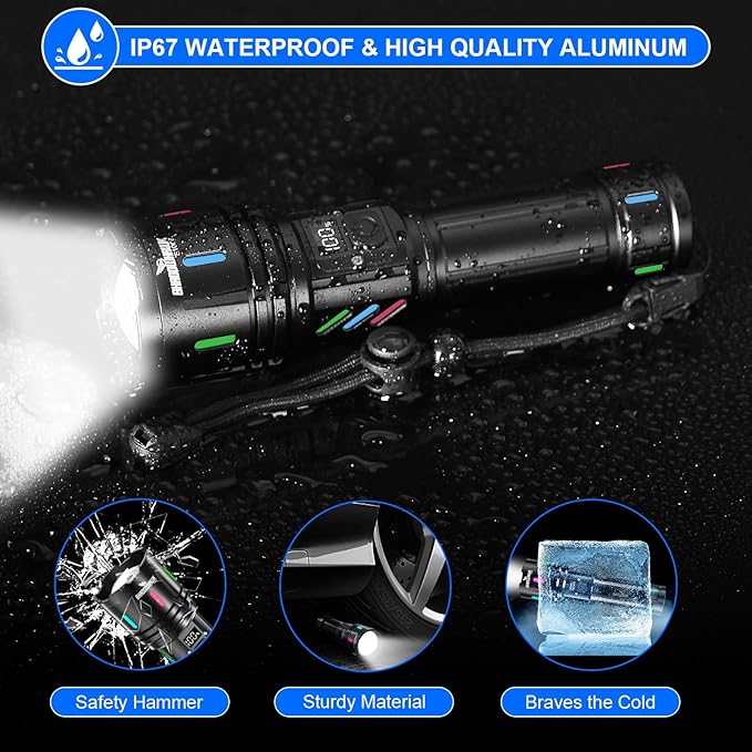 Shadowhawk Flashlights High Lumens Rechargeable - 2000 Lumen 30W Super Bright LED Flash Light with LCD Display, 3937ft Beam & 12H Runtime, Handheld Waterproof Flashlight for Home, Camping, Emergency