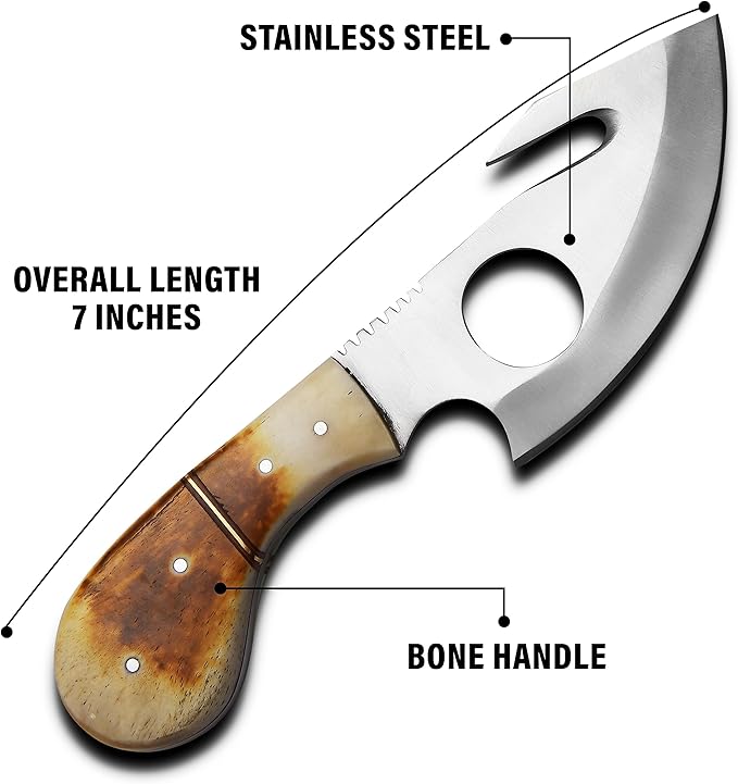 METAL OF HONOR Fixed Blade Knife, All in One Skinning Knife with Gut-Hook, for Hunters and Outdoors Enthusiasts with Sheath,Full Tang handmade knife with Bone Handle