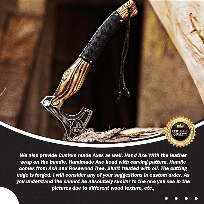 Custom Gift Forged Carbon Steel Viking Axe with Rose Wood Shaft, Viking Bearded Camping Axe & Hatchet, Best Birthday Gift for Him, 18 Inches (Valhalla Axe)