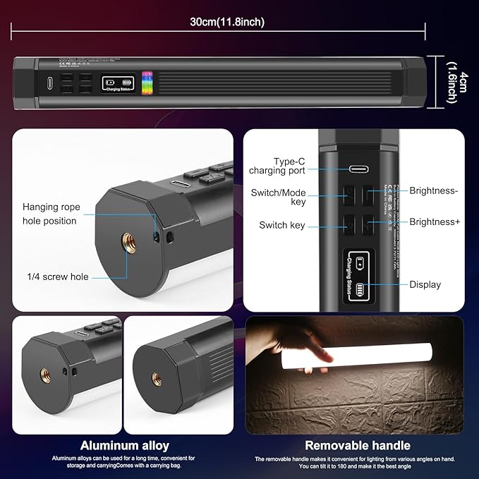 PULUZ Magnetic Handheld Light Wand, Full Color RGB Light Stick, LED Fill Light with 3000mAh Rechargeable Battery, 2500-9000K Dimmable Camera Tube Light for Studio Photography TikTok YouTube Vlog, 30cm