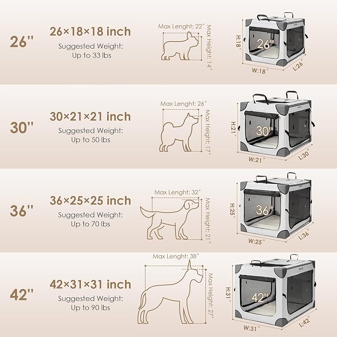EHEYCIGA Collapsible Dog Crate 42 Inches, Portable Travel Crate for Extra Large Dogs, Soft Foldable Pet Kennel with 4-Door Mesh Windows Indoor & Outdoor, Grey