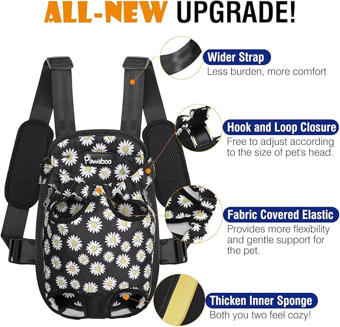 Pawaboo Pet Carrier Backpack, Adjustable Pet Front Cat Dog Carrier Backpack Travel Bag, Legs Out, Easy-Fit for Traveling Hiking Camping for Small Medium Dogs Cats Puppies, Small, Black Daisy