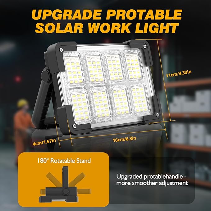 120W Solar Rechargeable Work Light, 144 LED 10000LM Led Work Light with 4 Modes, Portable Flood Light with Stand, IP66 Waterproof Outdoor Working Light for Emergency Mechanic Camping Repair (Black)