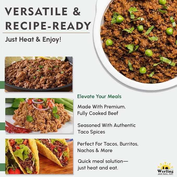 Werling & Sons Taco Beef Filling 14.5 Oz – Fully Cooked, Heat & Serve | Premium Shelf-Stable Canned Meat | For Everyday Meals, Emergency Food Storage, Camping, Survival, Prepping & Quick Meals | Made in USA | 5-Year Shelf Life | Pack of 12