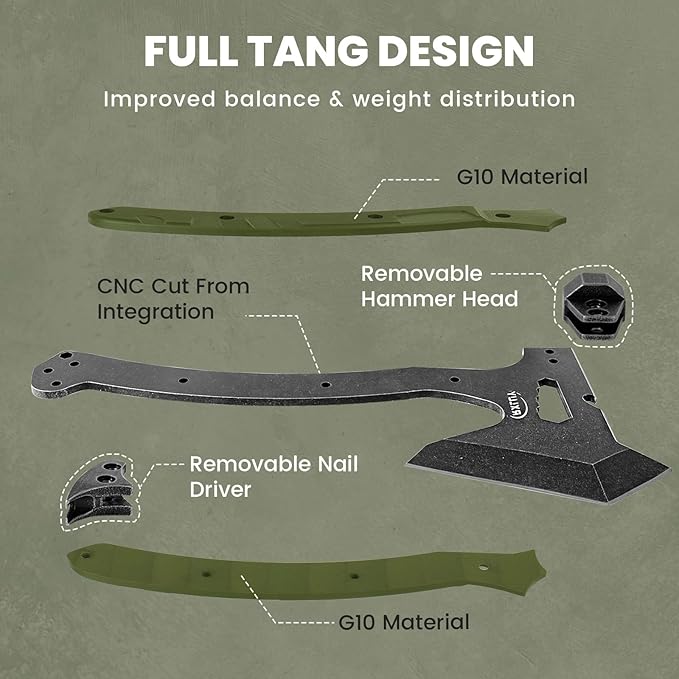 Tactical Axe with G10 Handle Camping Survival Hatchet, Multifunctional Hiking Outdoor Heavy Duty Full Tang Tomahawk Tools with Hammer, Unique Design Crowbar, Leather Sheath (Green)