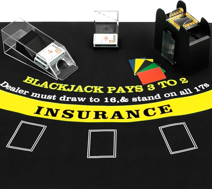 Aoriher Blackjack Game Combo Set, Include Blackjack Layout Felt,Shoe 6 Deck Automatic Card Shuffler Discard Holder Trays and 10 Cut Cards for Casino, Party Night(Black)