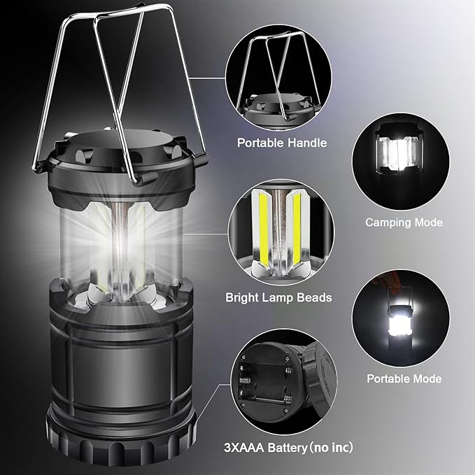 EXTRASTAR 4 Pcs LED Camping Lantern, Battery Powered Compact LED Lanterns, Suitable Survival Kits for Hurricane, Waterproof Portable Emergency Light for Storm, Outages, Black
