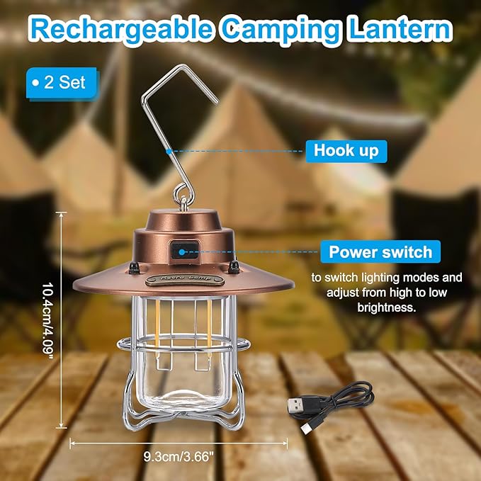 PATIKIL LED Camping Lantern, 2 Pack Vintage Rechargeable Lantern 3 Light Modes Portable Hanging Outdoor Tent Light for Camping, Hiking, Fishing, Bronze Tone 3.66 Inch
