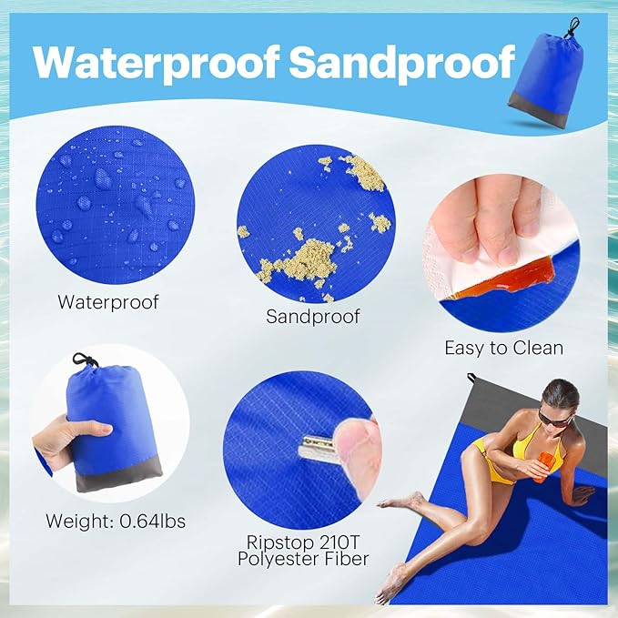 EASYFUN Beach Blanket Sandproof Oversized, 79''×83'' Extra Large Beach Mat, Portable Picnic Mat for Travel Camping Hiking, Lightweight Beach Essentials Family Water Resistant Mat Nylon 210T