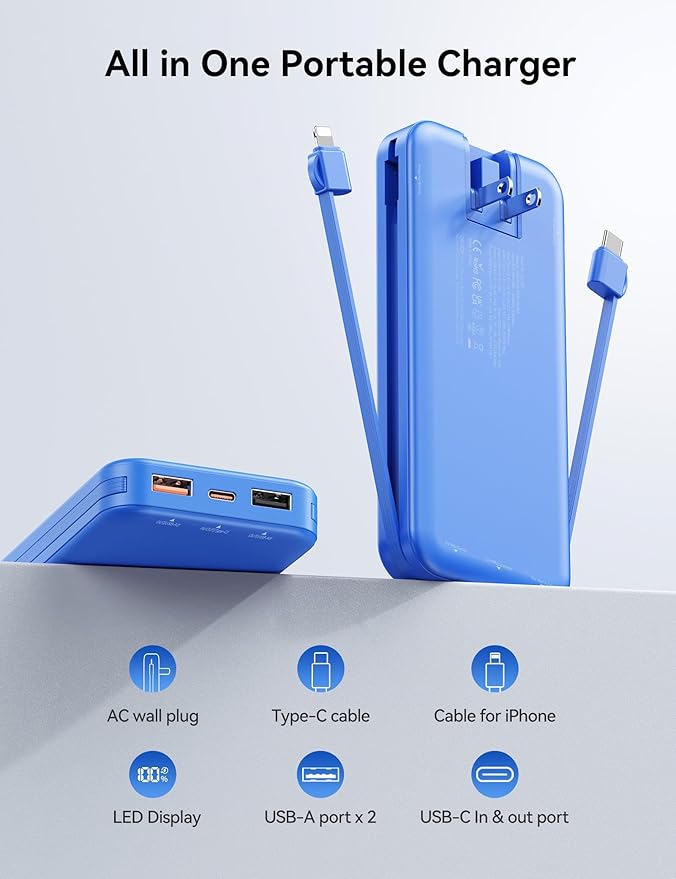12000mAh Ultra-Portable-Charger-Power-Bank with Built in Cables&AC Wall Plug,PD20W USB-C Fast Charging Cell Phone Charger Battery Pack,LED Display Travel Battery Bank for All iPhone,Samsung,Android