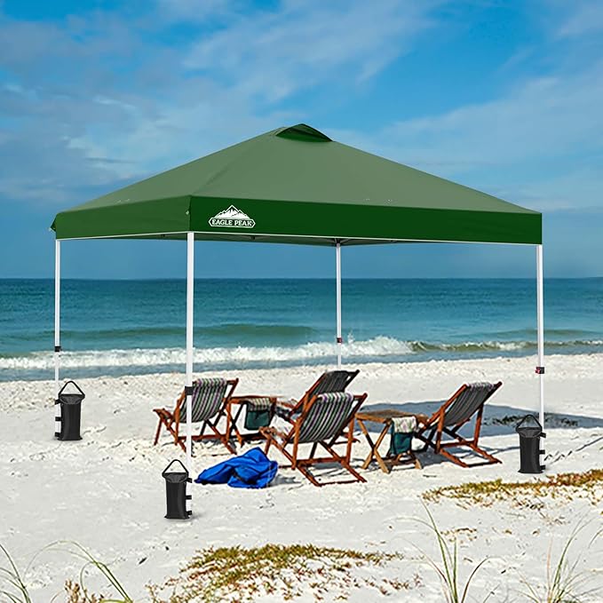 EAGLE PEAK Pop Up Canopy Tent with Wheeled Carry Bag, 8 Stakes, 4 Ropes, 4 Weight Bags, Easy Set Up Tent Canopy, 10x10 ft, 100sqft of Shade, Green