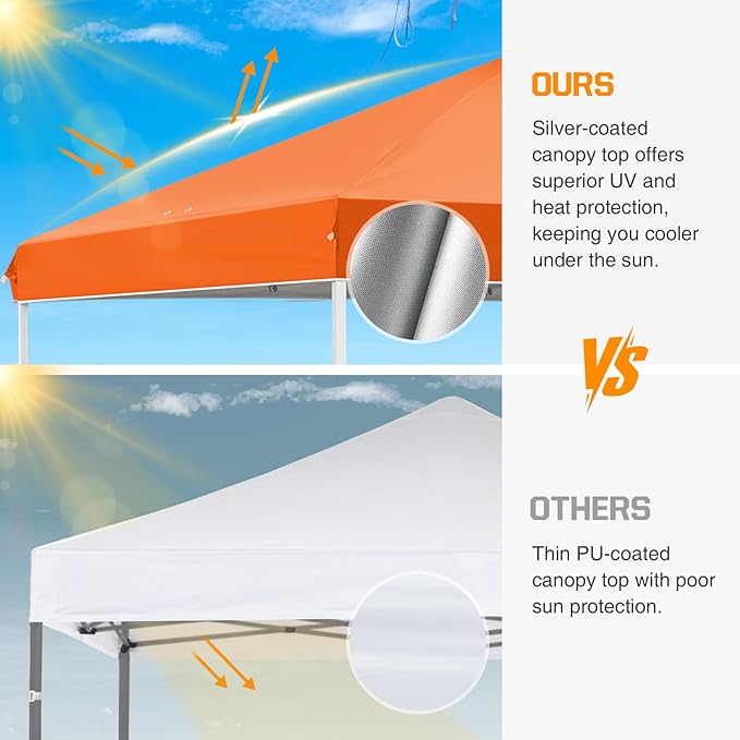 EAGLE PEAK Pop Up Canopy Tent with Wheeled Carry Bag, 8 Stakes, 4 Ropes, 4 Weight Bags, Easy Set Up Tent Canopy, 10x10 ft, 100sqft of Shade, Orange