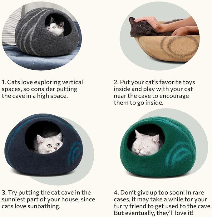 MEOWFIA Cat Cave ??Premium Felt Cat Bed for Indoor Cats, Handmade 100% Merino Wool (Medium, Emerald)