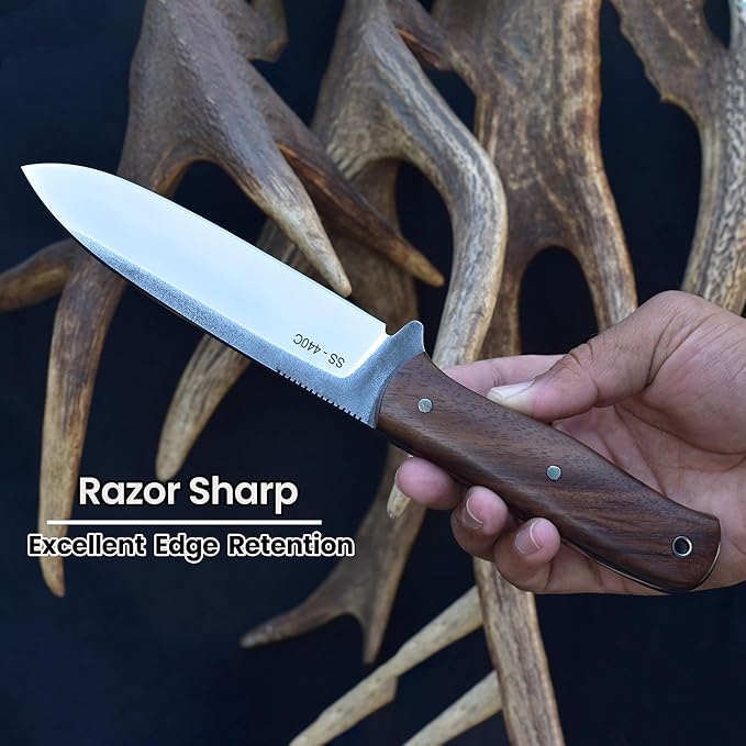 Knives Ranch 10" Bushcraft Knife - Full Tang - 59 Hardness - High Carbon SS 440C - Genuine Leather Sheath - Horizontal/Vertical Carry (Camper Pro 3091-SS-IRW)