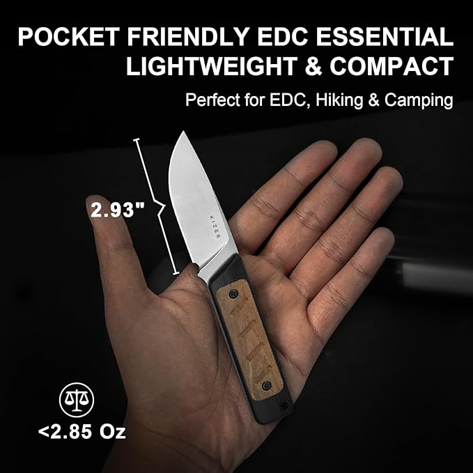 Kizer Smolt Fixed Blade Knife, 2.93" AEB-L Fixed Blade with Black & Brown G10 Mkuruti Wood Handle, Drop Point EDC Knives with Sheath for Camping Hiking 1063M1