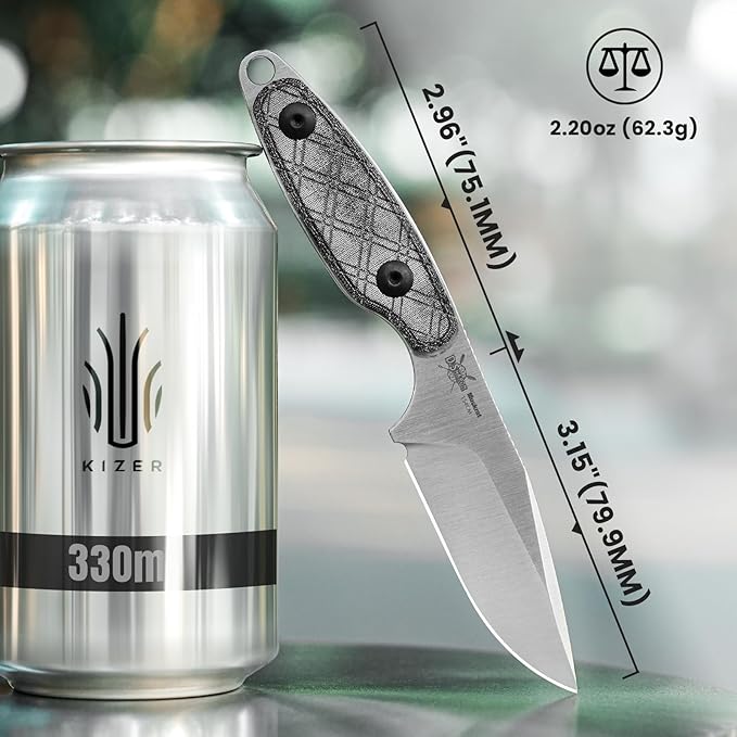 Kizer Muskrat Fixed Blade Knife, 3.15 In 154CM Argyle Pattern Black Micarta Handle, EDC Knife for Men Women, Outdoor Hunting Hiking Survival Camping Knives with Sheath, 1064M1