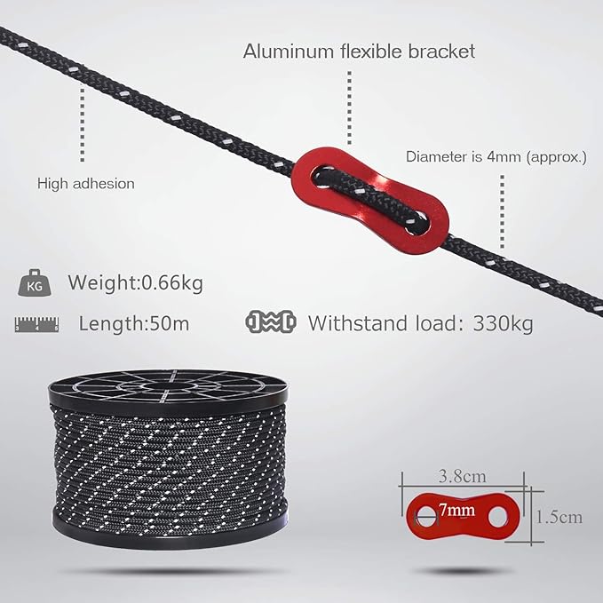 HIKEMAN 50m Reflective Guyline Solid Braid Nylon Camping Rope with Aluminum Adjuster Cord Tensioner Tent Accessory for Outdoor Travel,Hiking,Backpacking and Water Activities (Yellow, 4mm)